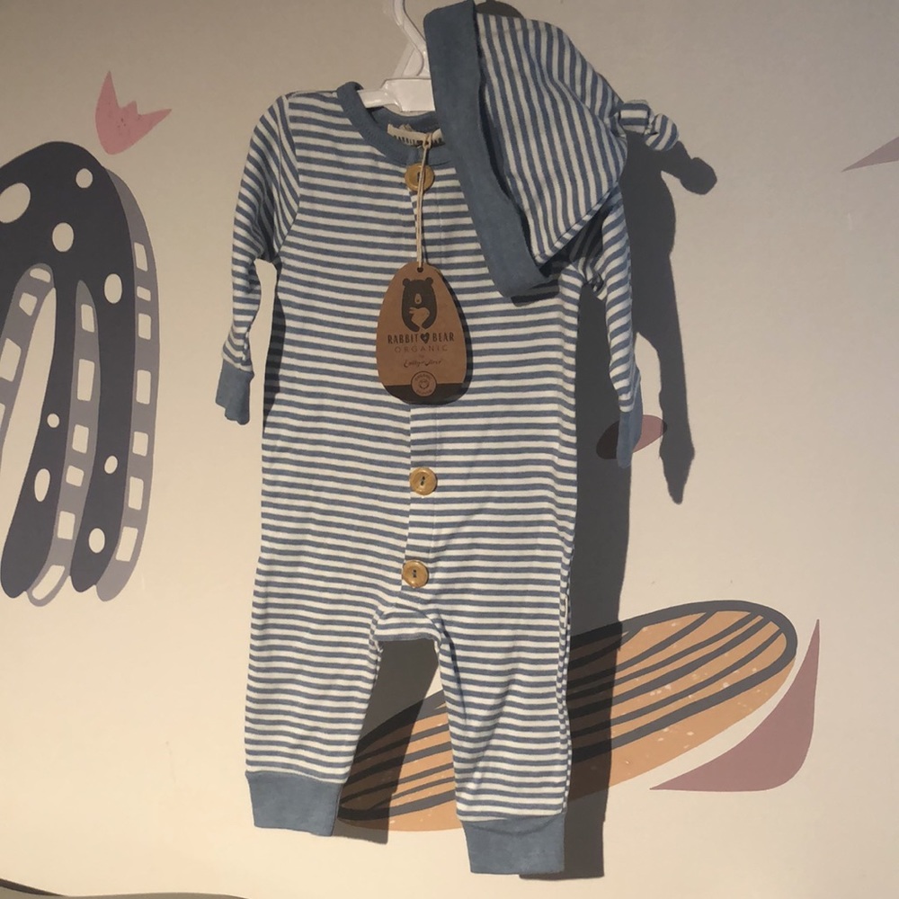 NWT Organic Striped Playsuit + Hat Set